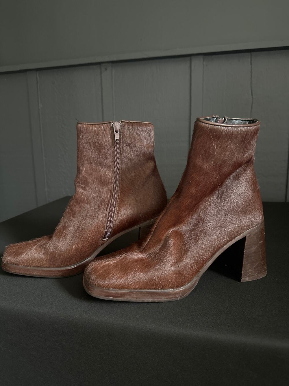 Vintage David Aaron Brown Calf Pony Hair Leather Chunky Heel Ankle Boots Sz 7.5